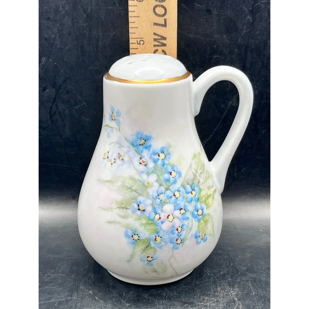 Vtg Hand Painted Forget-Me-Not Porcelain Sugar Shaker Muffineer‎ Gold Trim 5